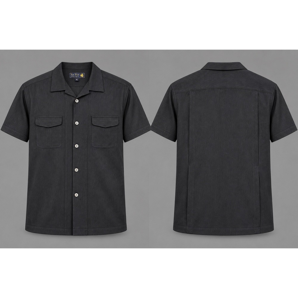 Nat Nast Shirt Men's Large Black 100% Silk Button Up S/s flap pockets causal